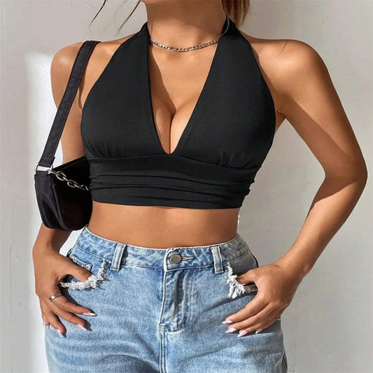 Trendig Enfärgad Y2K Crop Top med Halterneck – Perfekt för Club och Streetwear