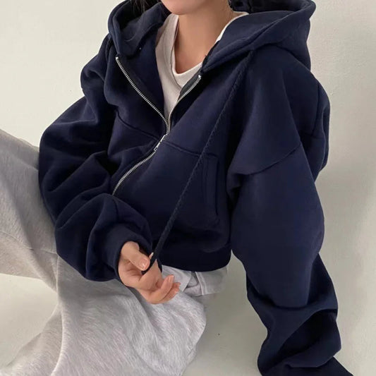 Elegant och varm hoodie dam – kort modell, fleecefodrad, marinblå, vår/höst
