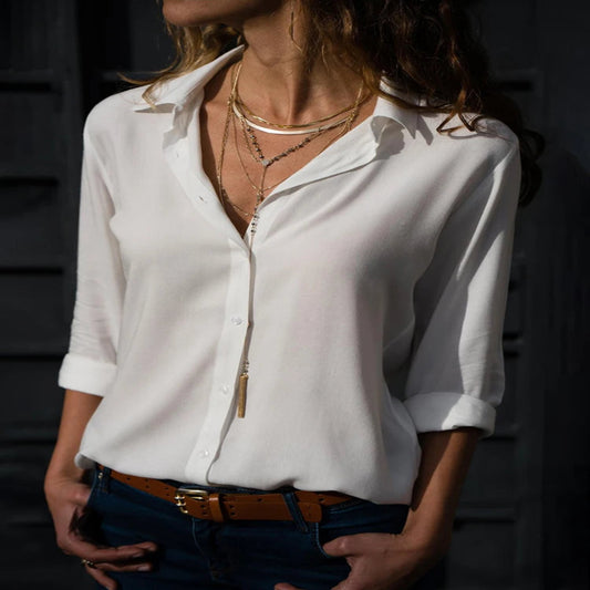 Elegant Chiffongblus i Lös Passform – Lång Ärmskjorta för Dam