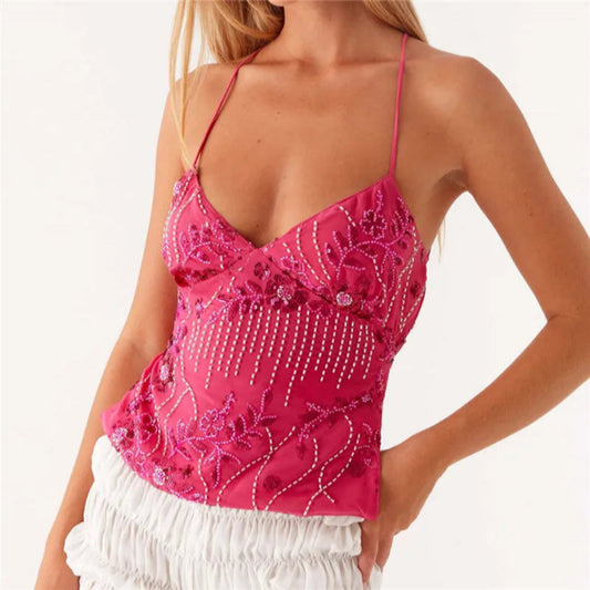 Glittrig Y2K halterneck-croptopp – pärl- och paljettdekorerad camisole med V-ringning