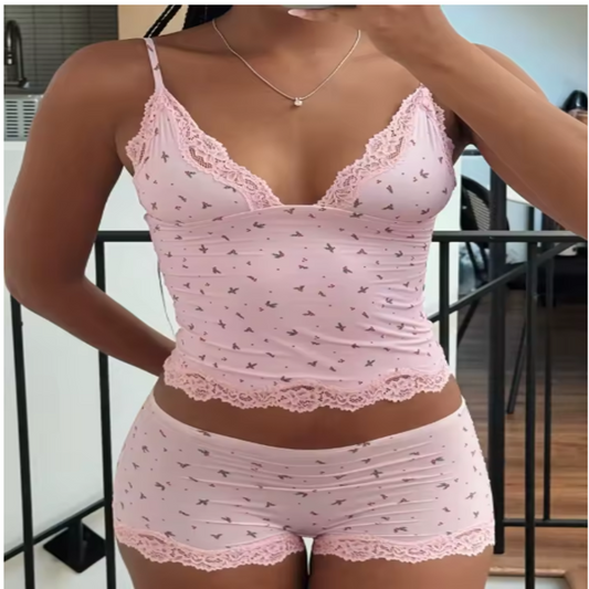 Tvådelat Sommarset för Dam – Spetslinne &  Shorts i Rosa